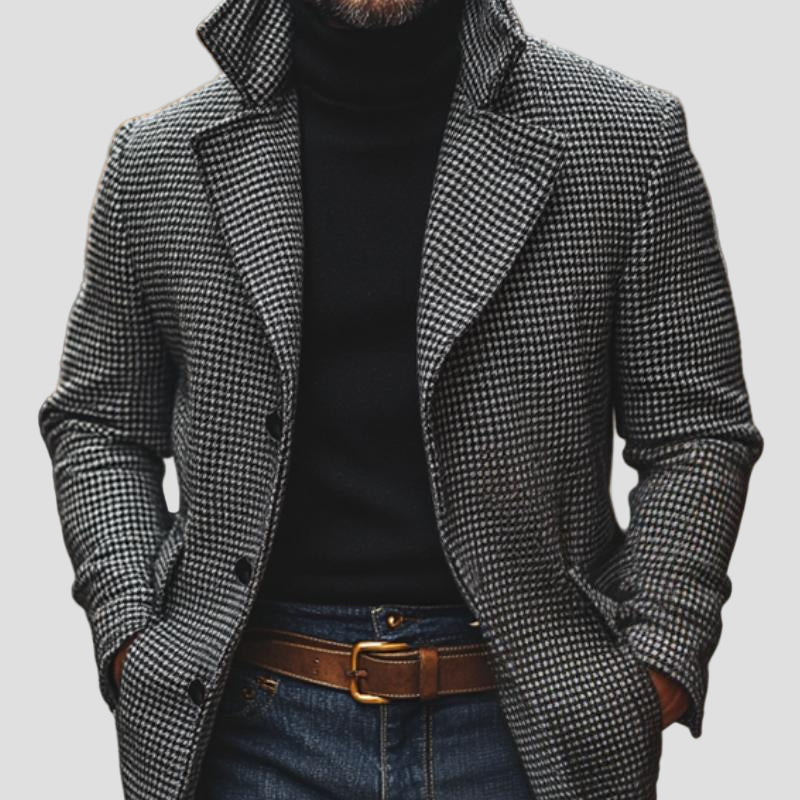 Asher Houndstooth Notch Lapel Mid-Length Coat – front view