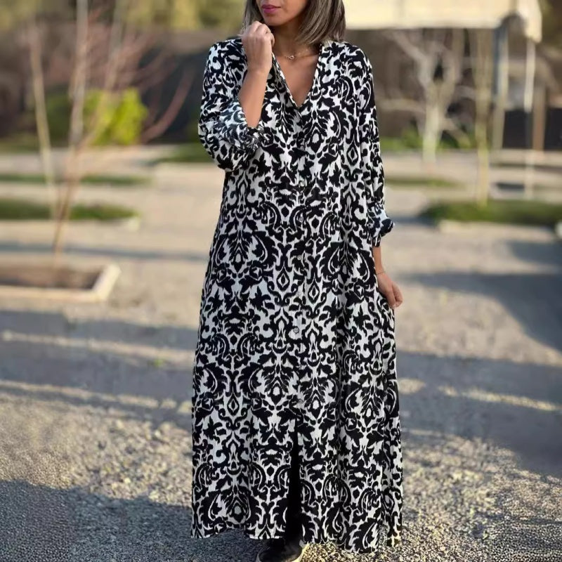 Ivonne - Long Sleeve Floral Maxi Dress with Shirt Collar