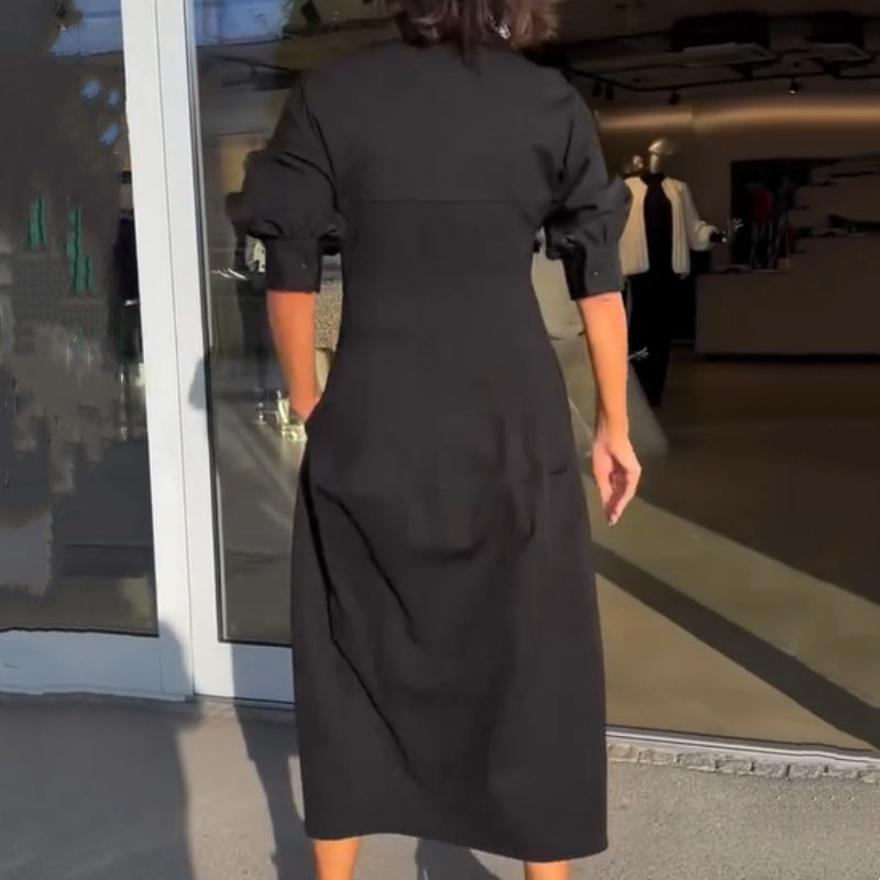 Stephanie - Elegant V-Neck Lapel Midi Dress
