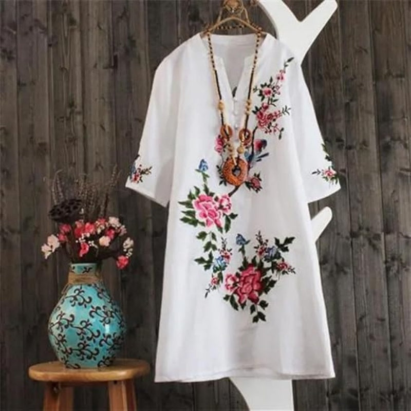Yolanda - Loose Floral Cotton and Linen Dress with V-Neck