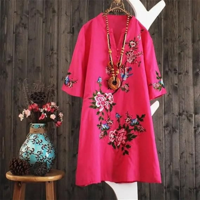 Yolanda - Loose Floral Cotton and Linen Dress with V-Neck