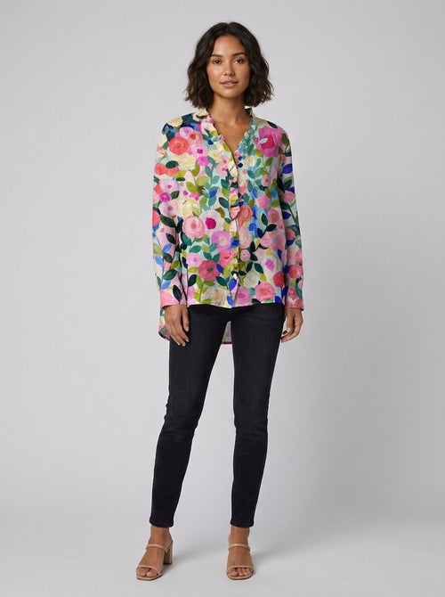 Alisa Linen Blouse pink floral print front
