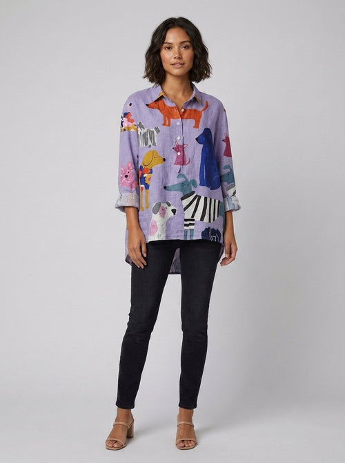 Alisa Linen Blouse purple dogs print front