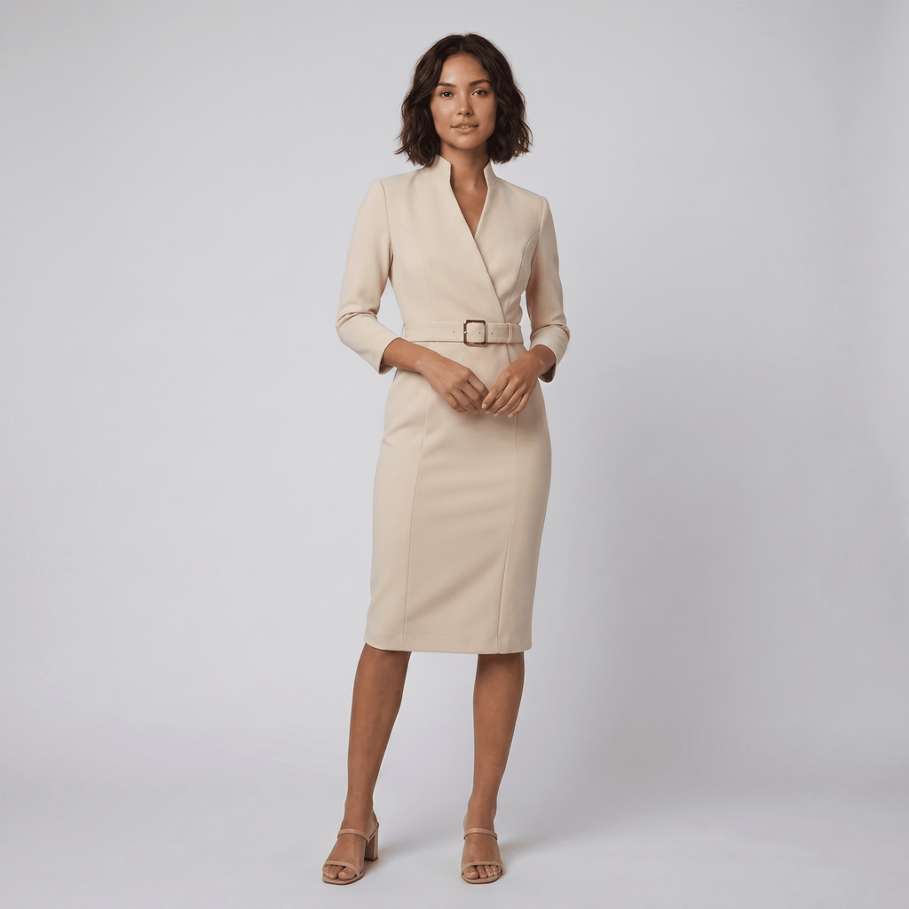 Ava elegant beige tailored belted dress