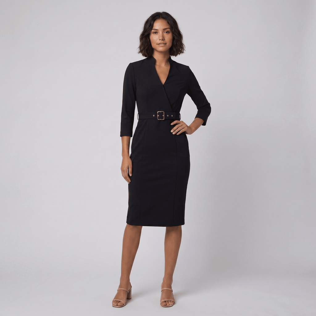 Ava elegant black tailored belted dress