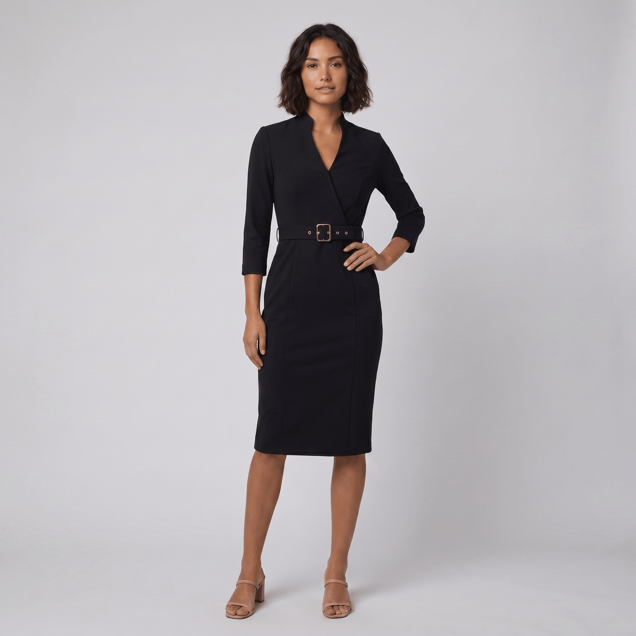 Ava elegant black tailored belted dress