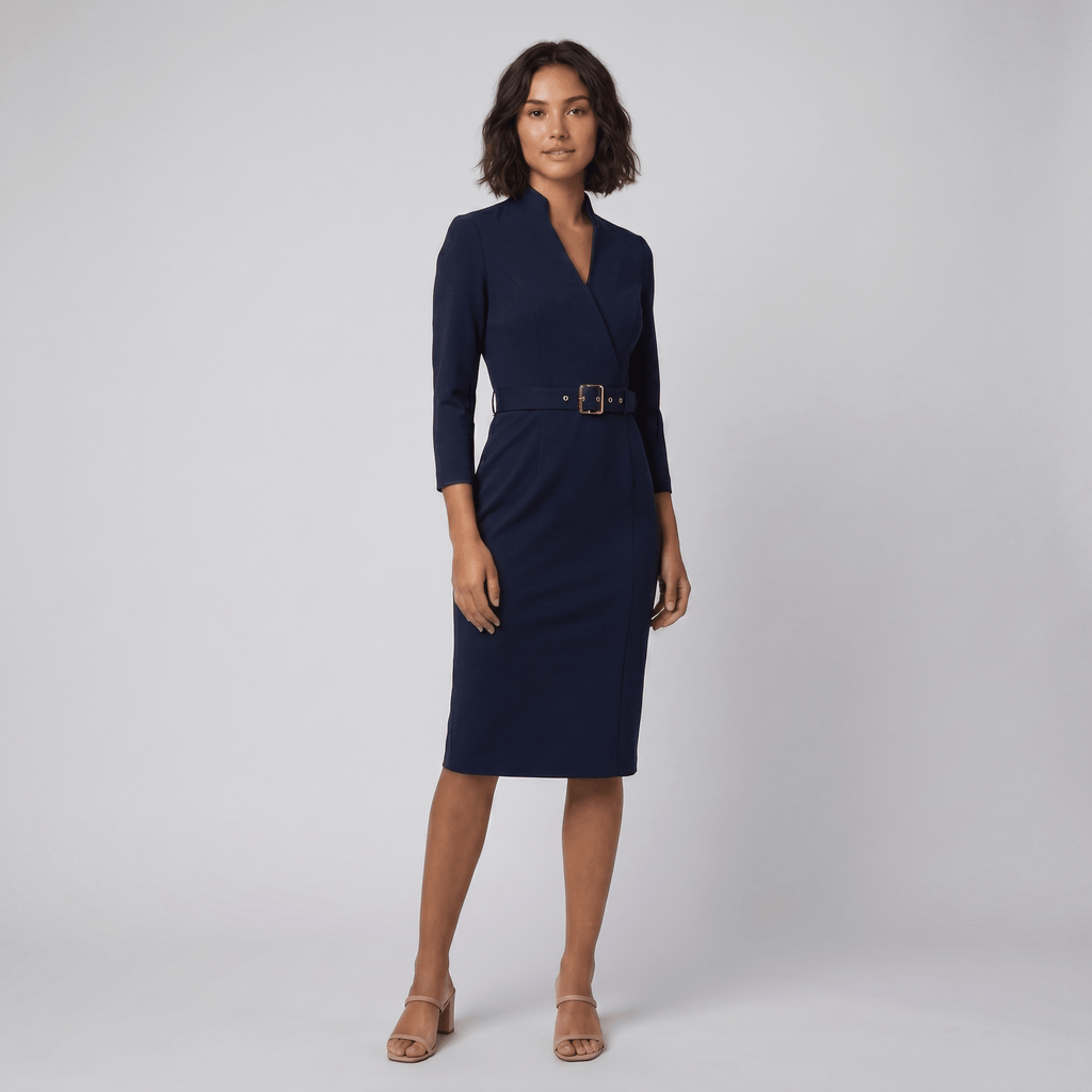 Ava elegant blue tailored belted dress