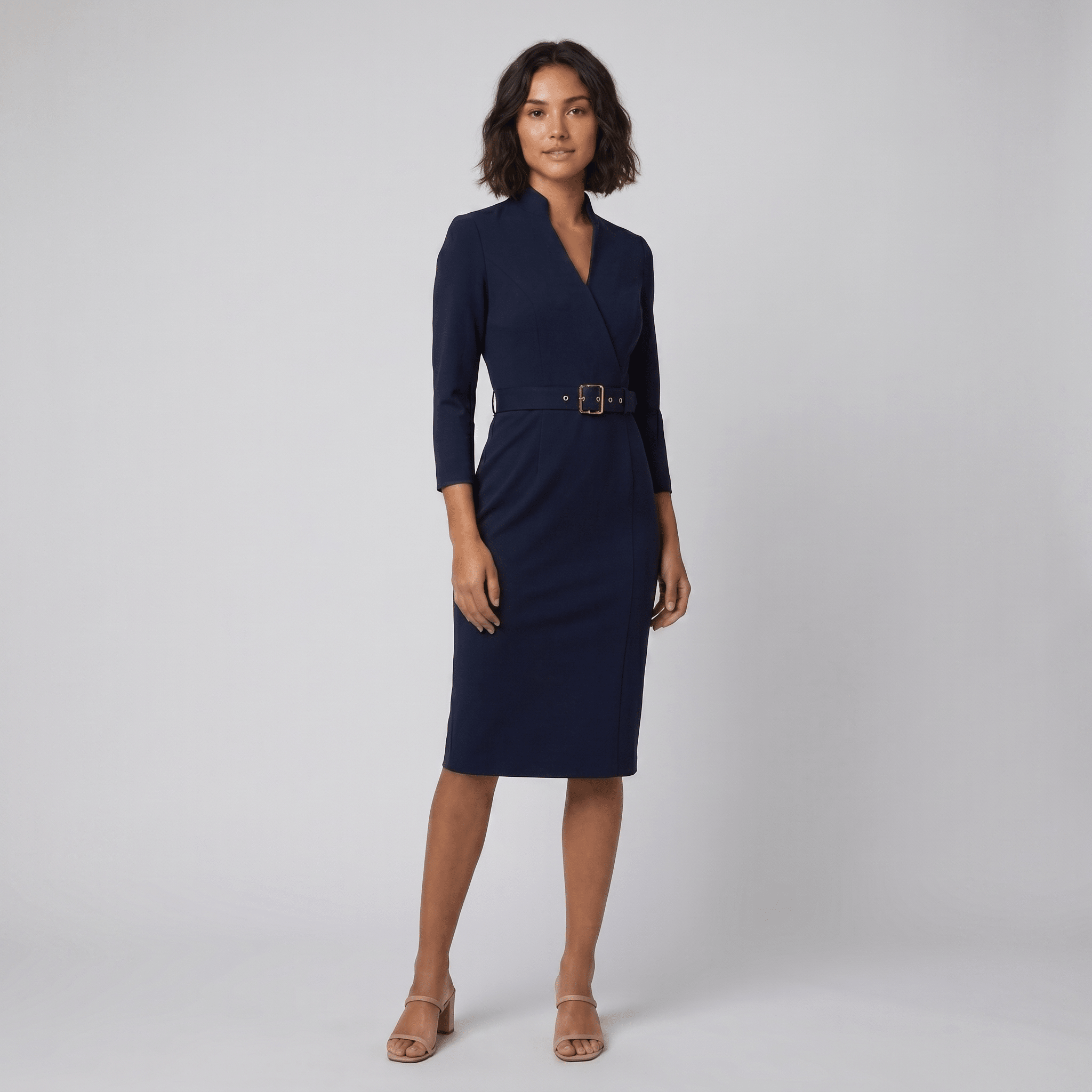 Ava elegant blue tailored belted dress