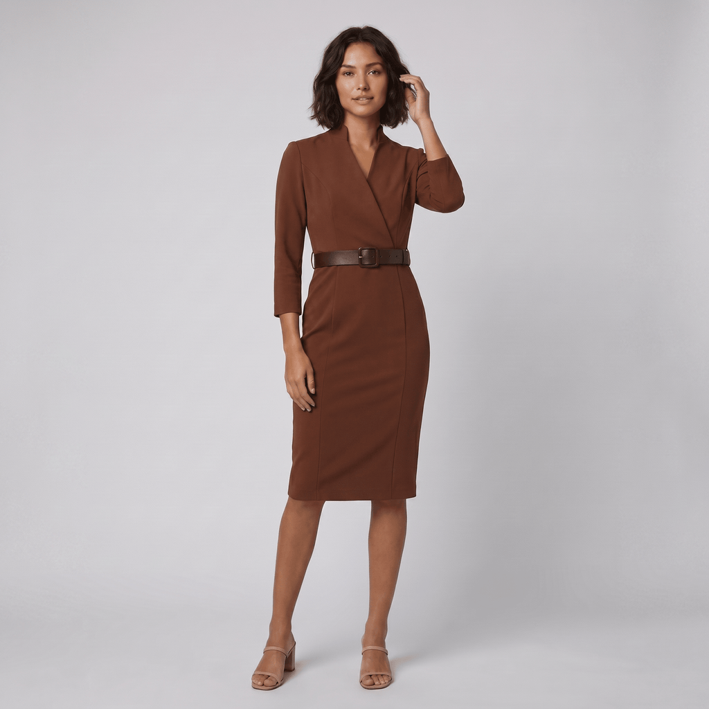 Ava elegant brown tailored belted dress