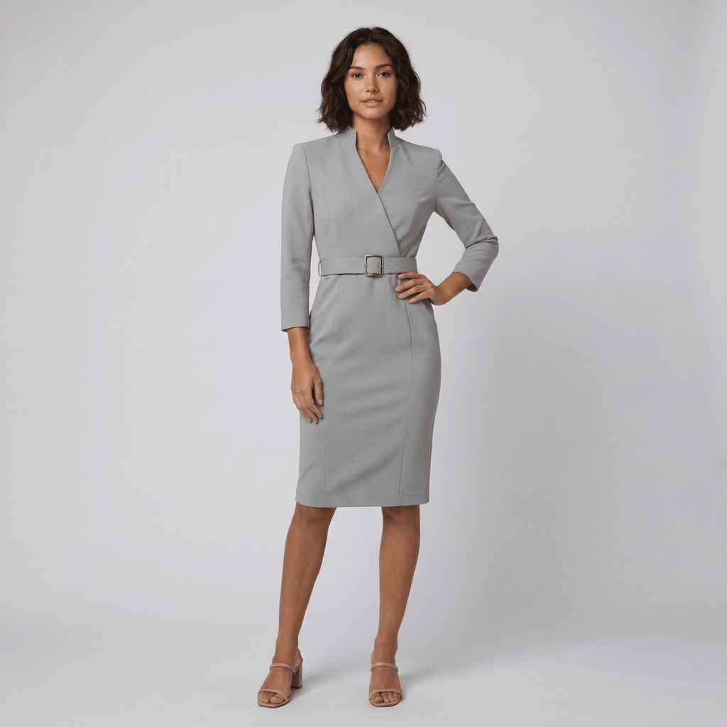 Ava elegant gray tailored belted dress
