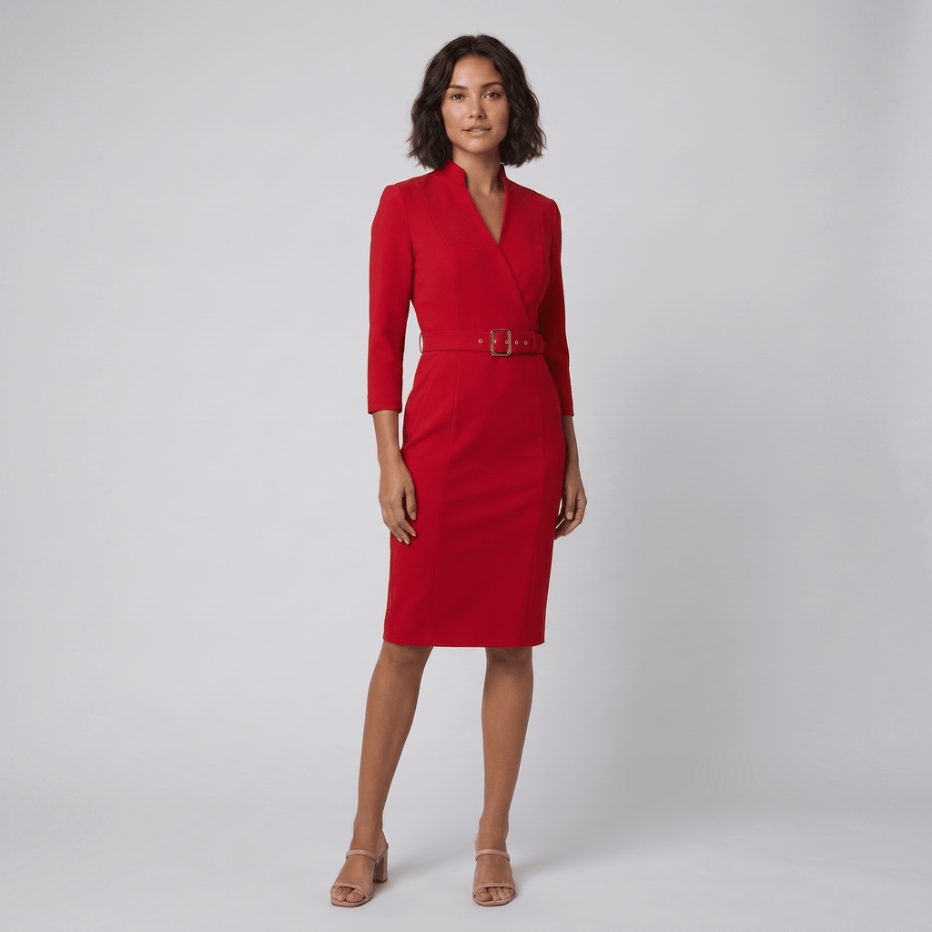 Ava elegant red tailored belted dress