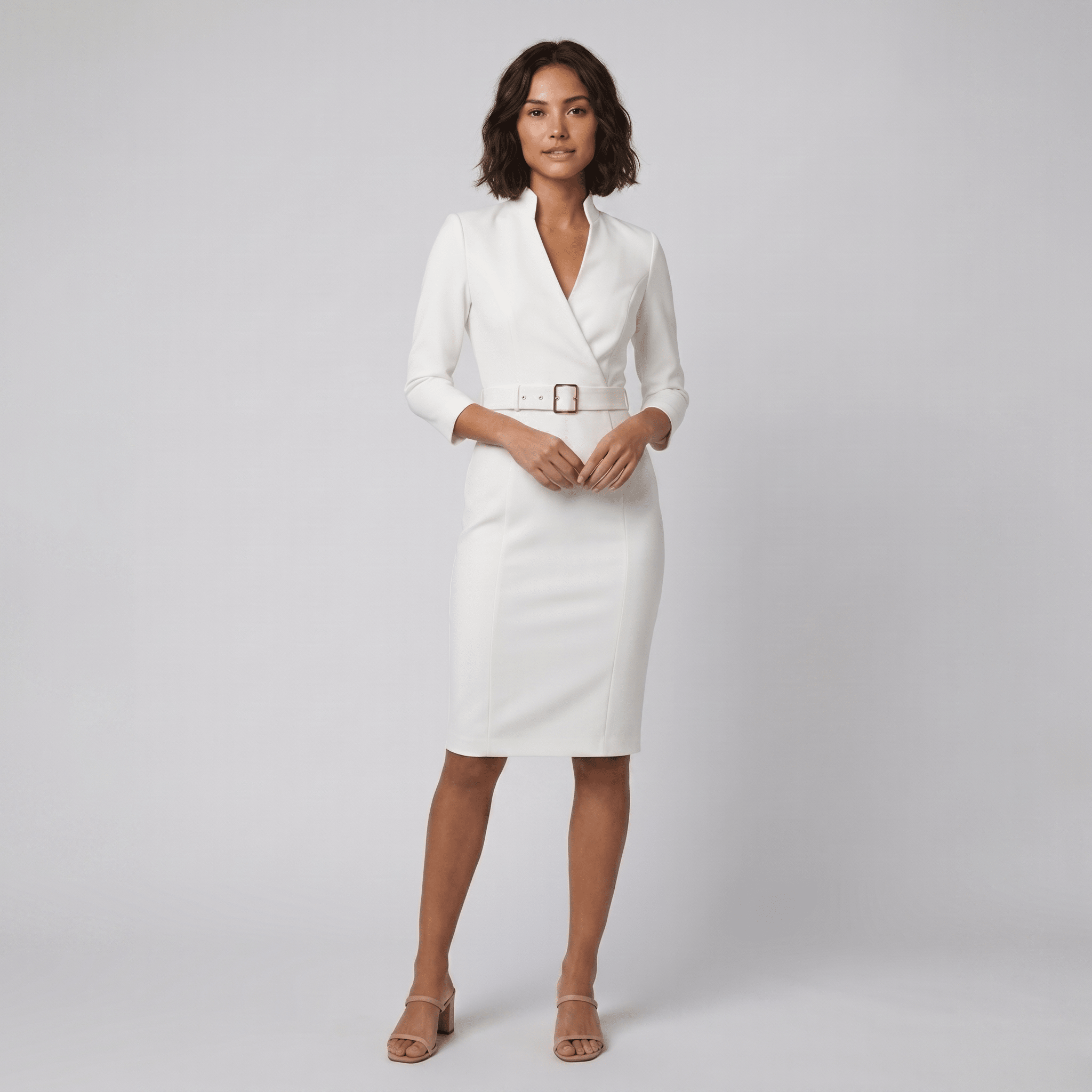 Ava elegant white tailored belted dress