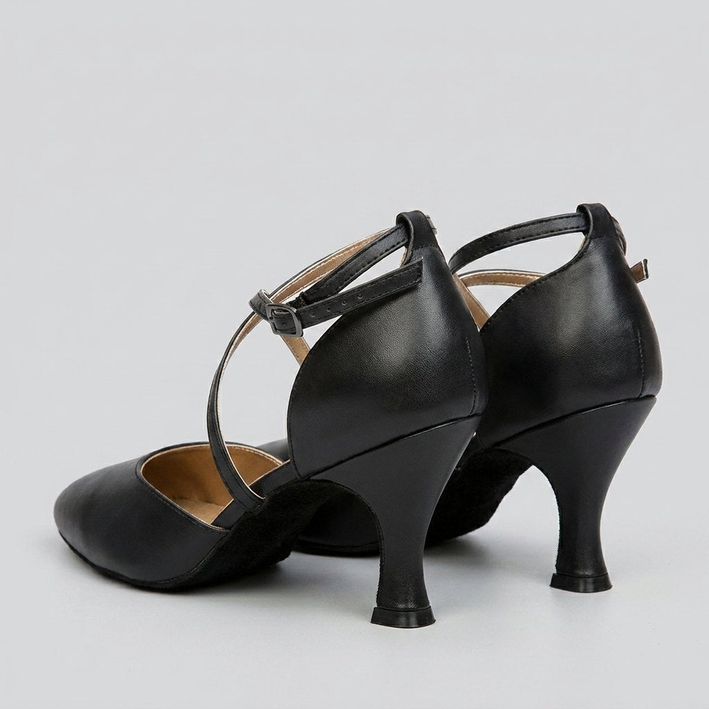 Bella black dance heels rear cross strap