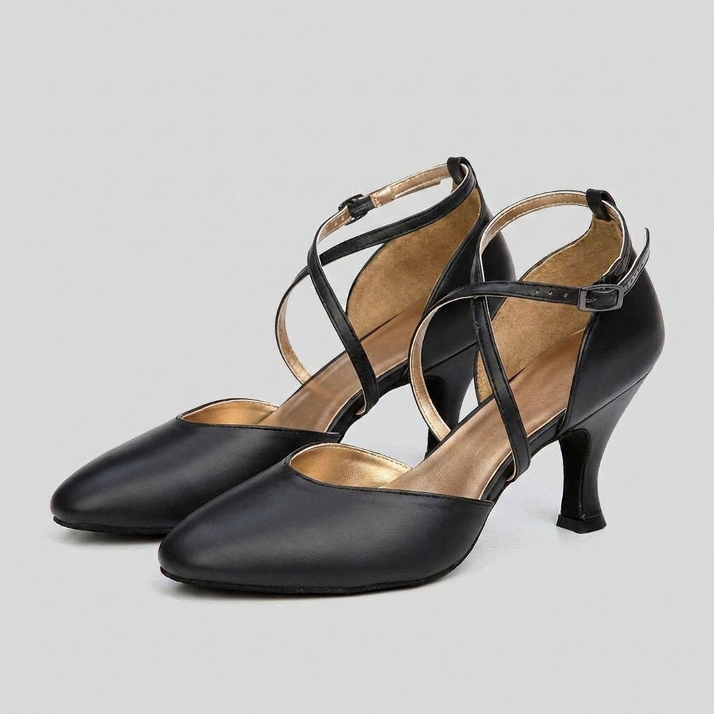 Bella black leather ballroom dance heels pair