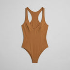Bella deep-V racerback bodysuit brown flat lay