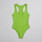 Bella deep-V racerback bodysuit forest flat lay