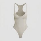 Bella deep-V racerback bodysuit pearl river flat lay