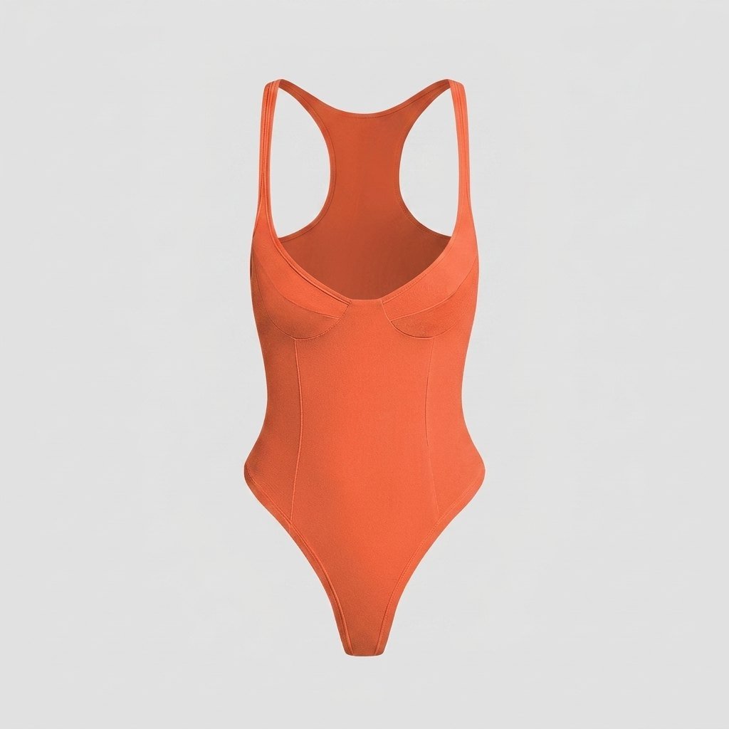 Bella deep-V racerback bodysuit persimmon flat lay