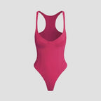 Bella deep-V racerback bodysuit raspberry flat lay