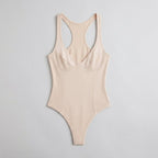 Bella deep-V racerback bodysuit wheat flat lay