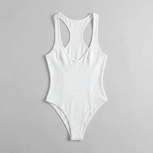 Bella deep-V racerback bodysuit white flat lay