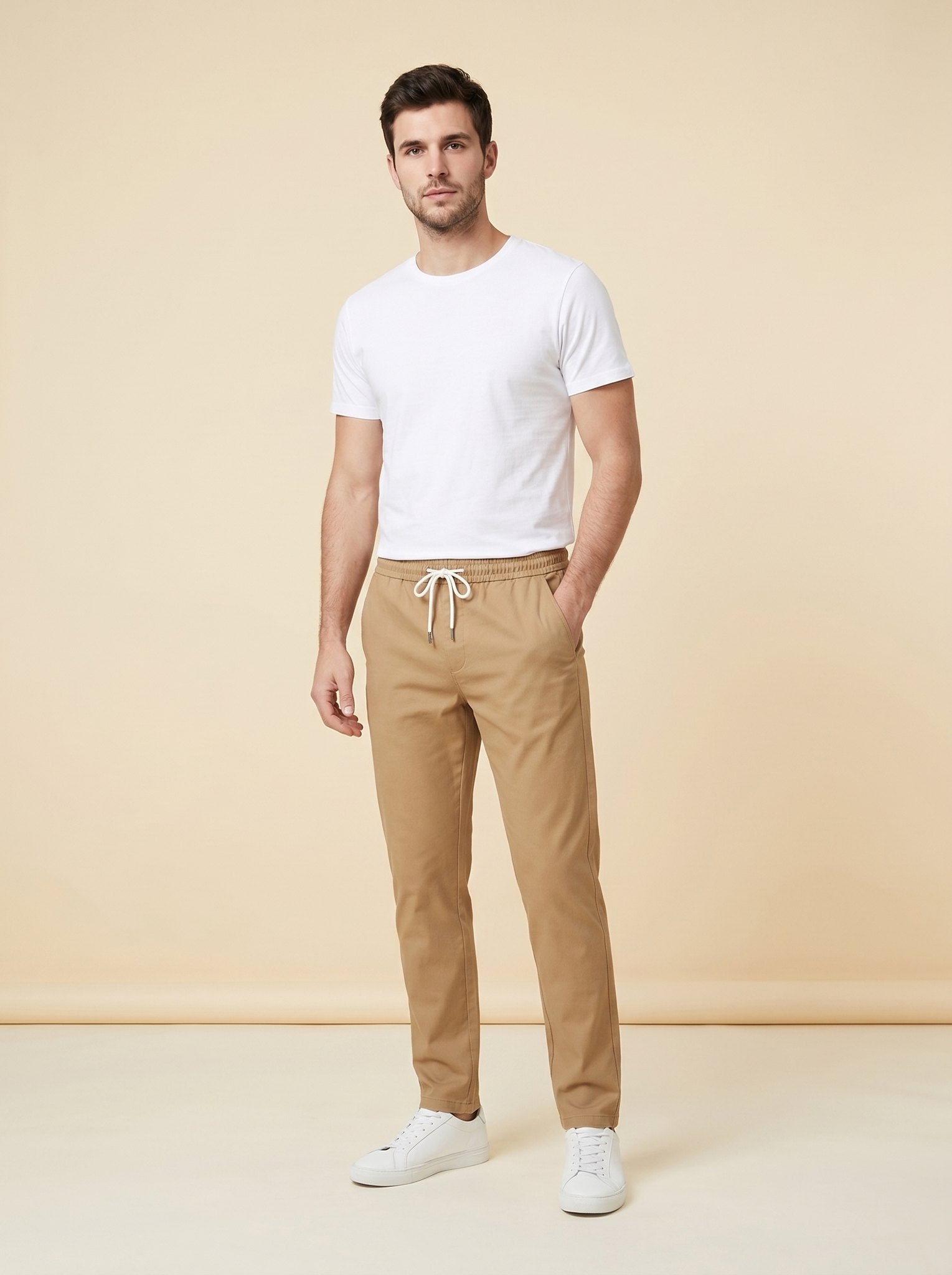 Brixon men's casual trousers beige camel front on model