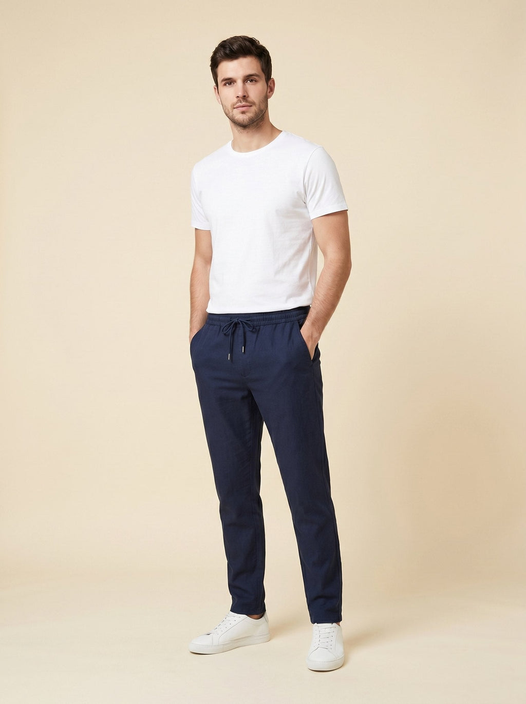 Brixon men's casual trousers navy blue front on model