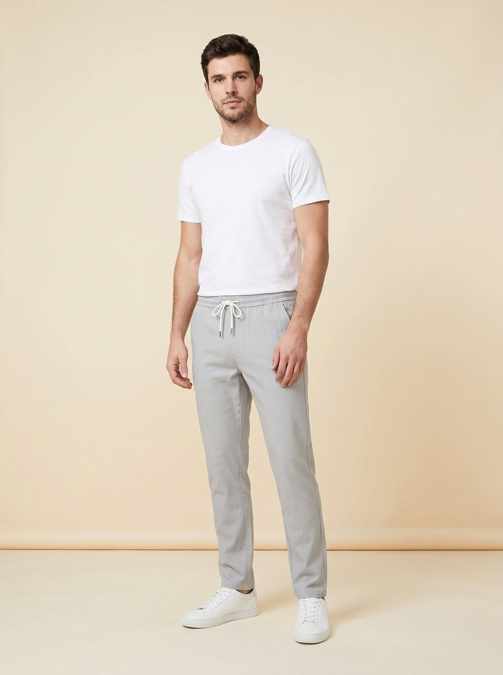 Brixon men's casual trousers light grey front on model