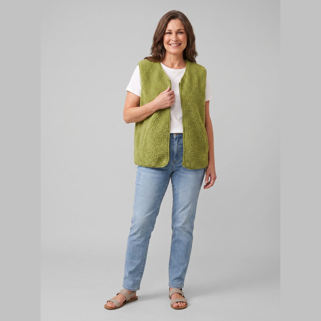 Cleo sherpa fleece vest green pose