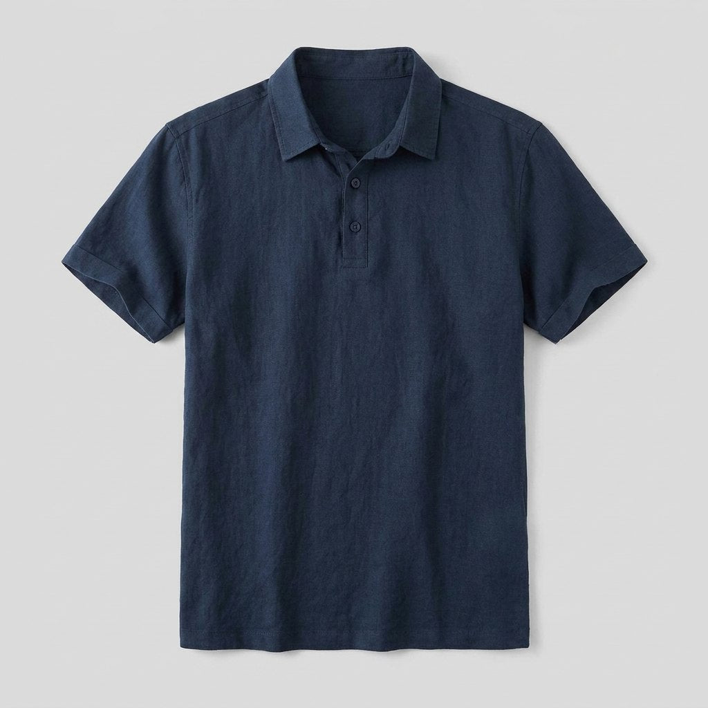 Cobalt men's linen polo shirt product flat lay