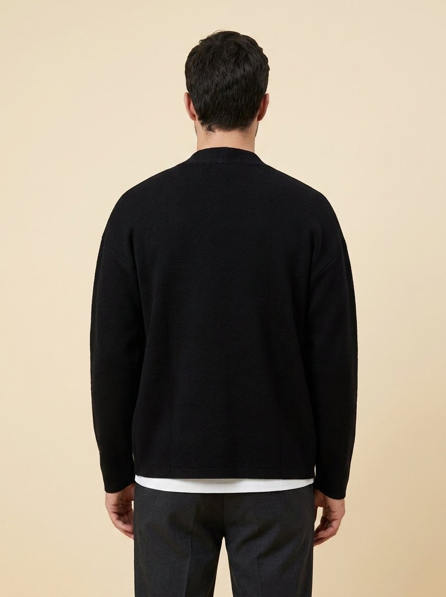 Dapper collarless cardigan back view