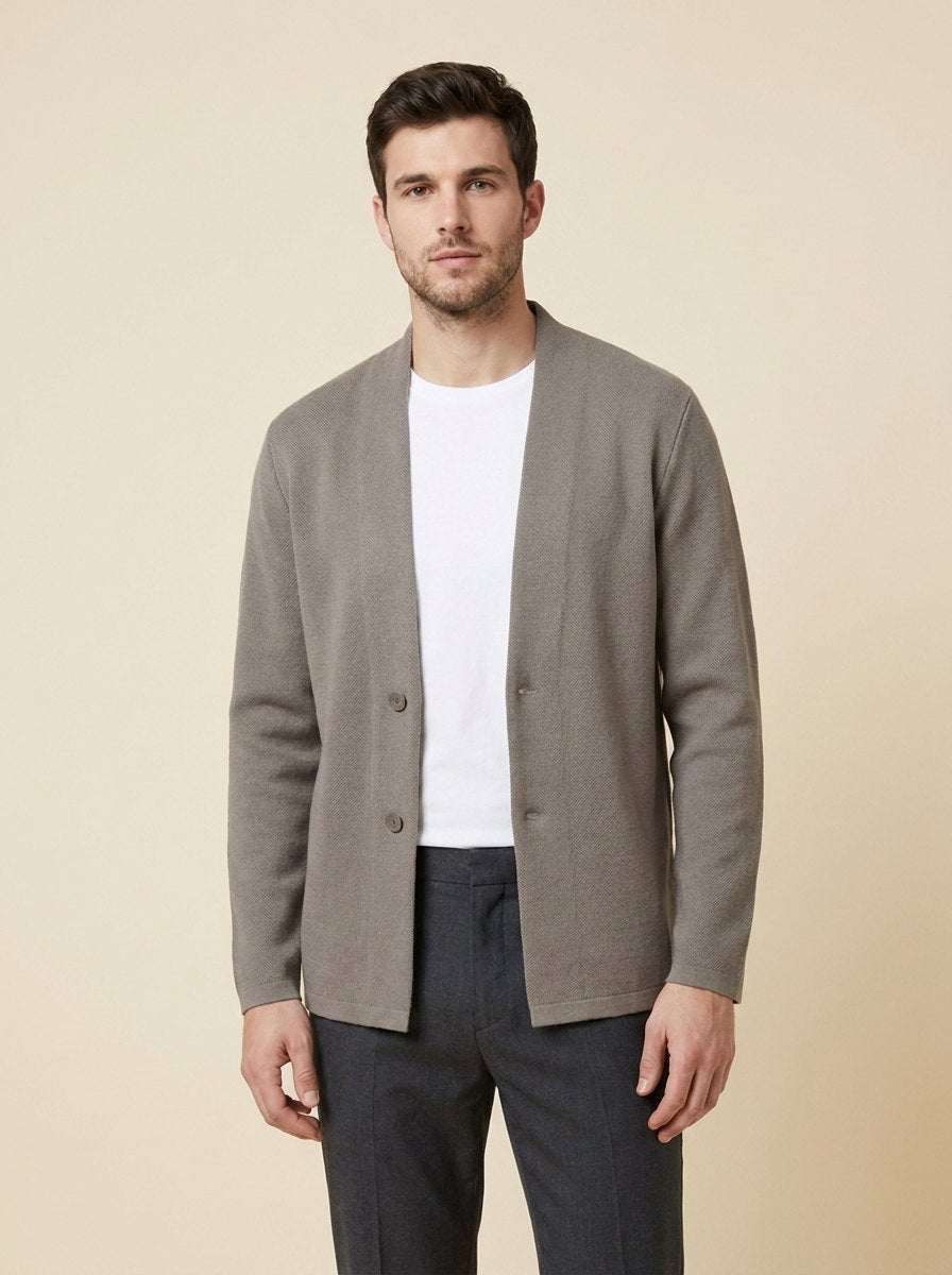 Dapper collarless cardigan beige gray