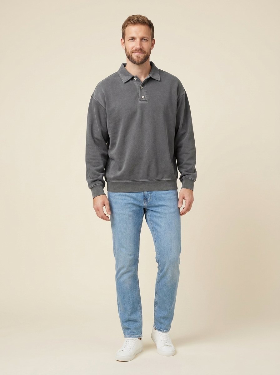 Edgar long sleeve polo shirt gray front
