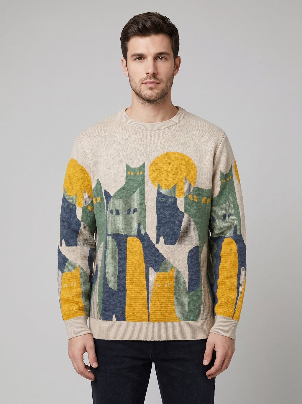 Elora cat-motif knit sweater, beige