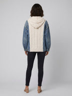 Floor cardigan back with knit hood on model