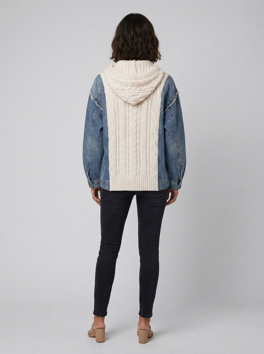 Floor cardigan back with knit hood on model