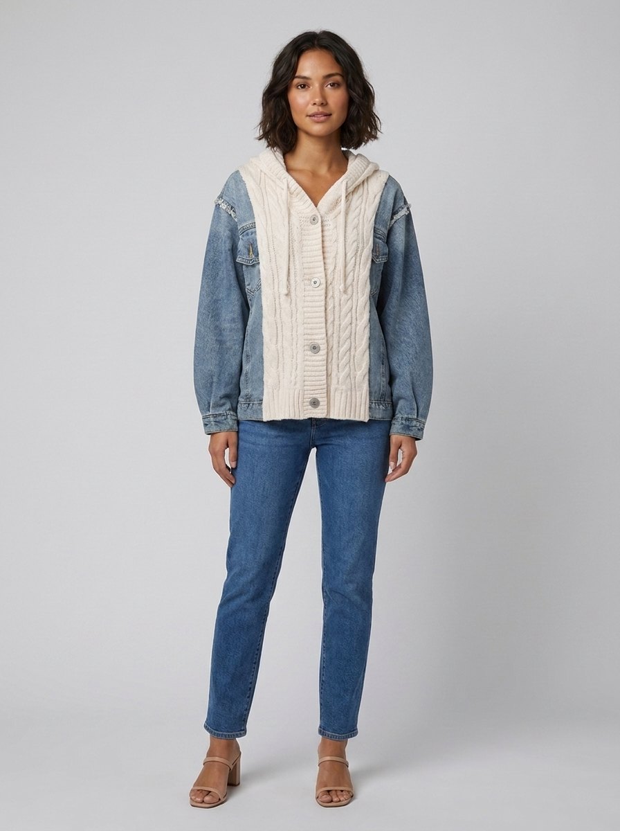Floor cream cable-knit denim hybrid cardigan front on model