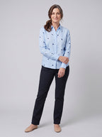 Flora women's cotton linen top blue - front view on model