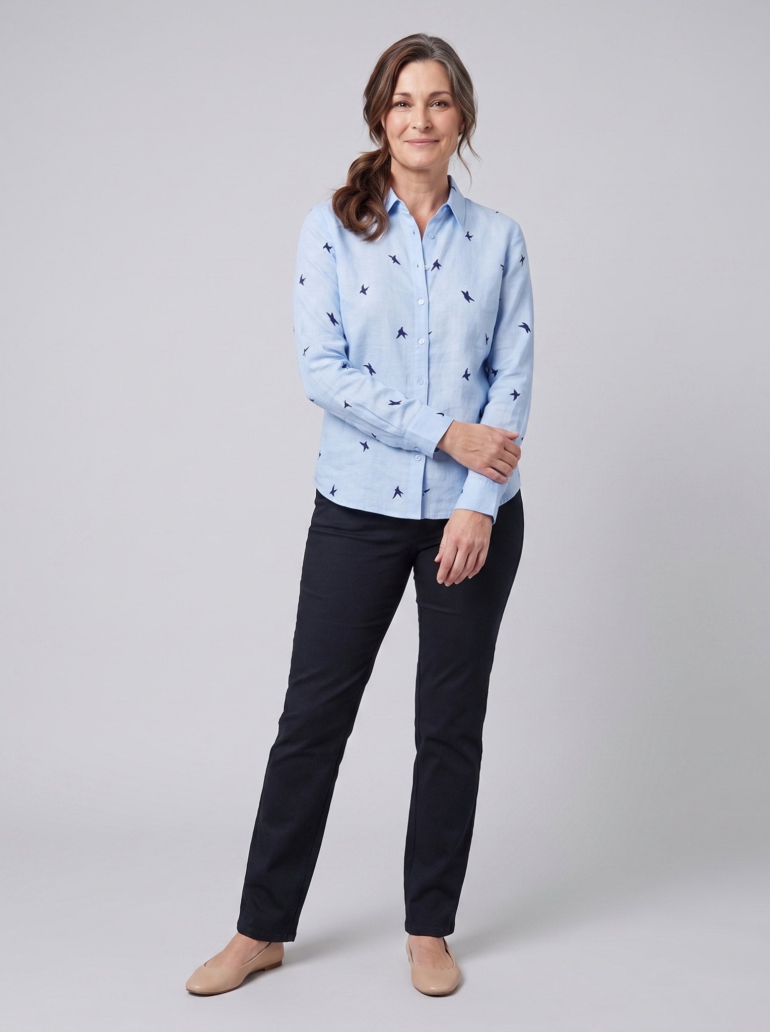 Flora women's cotton linen top blue - front view on model