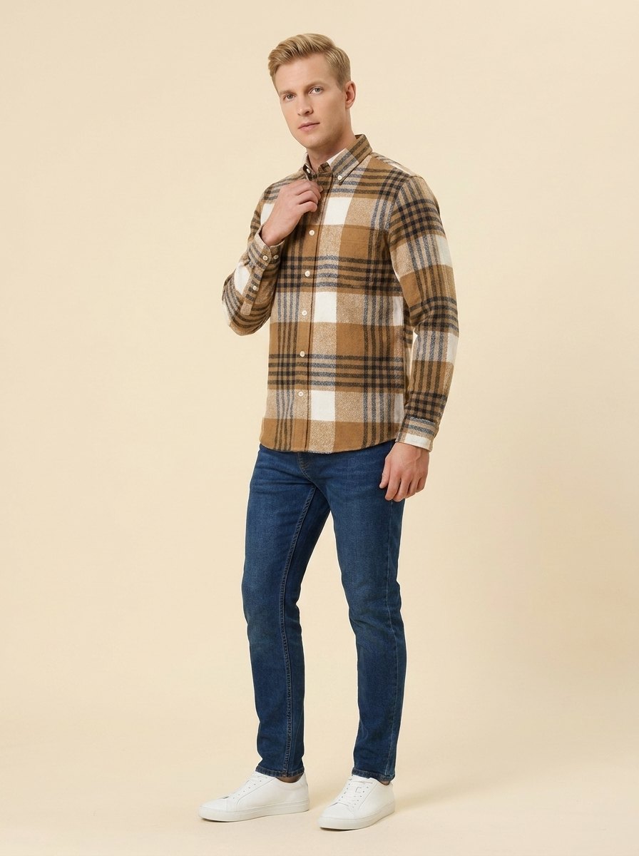 Harrison plaid flannel shirt camel and slate on model