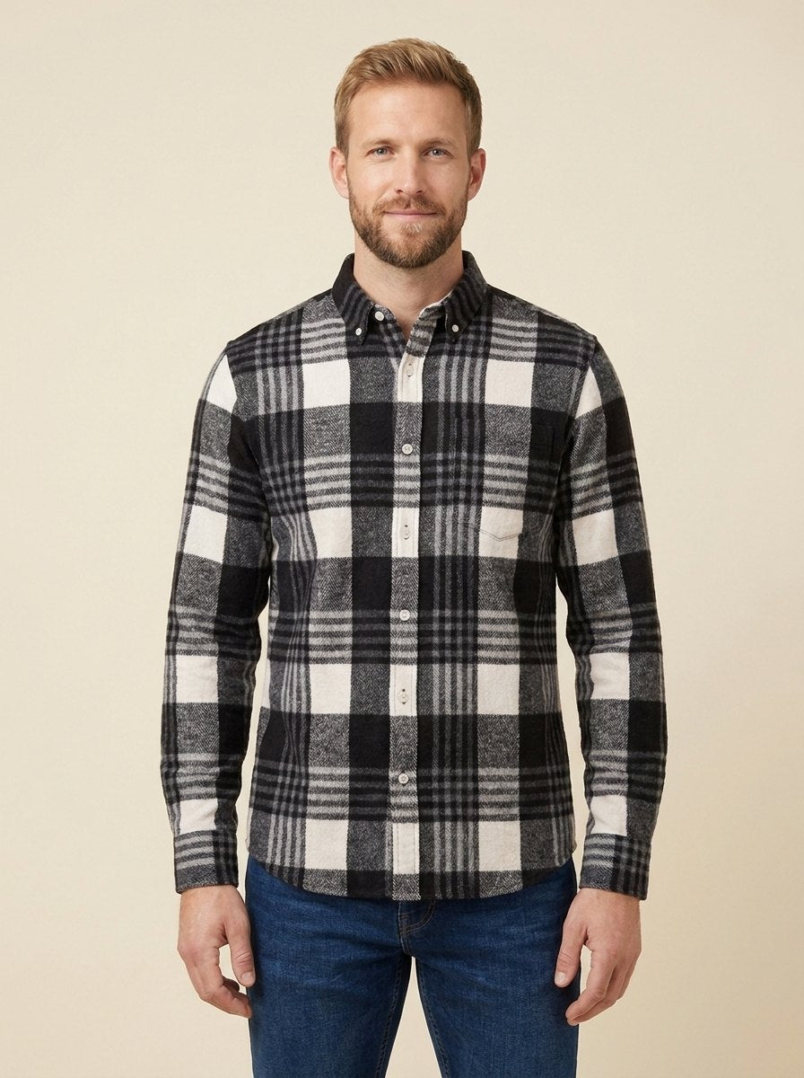 Harrison plaid flannel shirt charcoal and cream on model