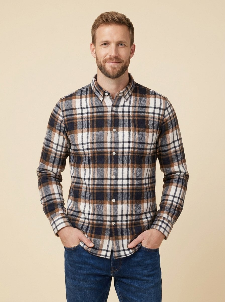 Harrison plaid flannel shirt ivory and chestnut on model