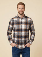 Harrison plaid flannel shirt ivory and chestnut on model