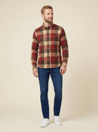 Harrison plaid flannel shirt maple and brick on model