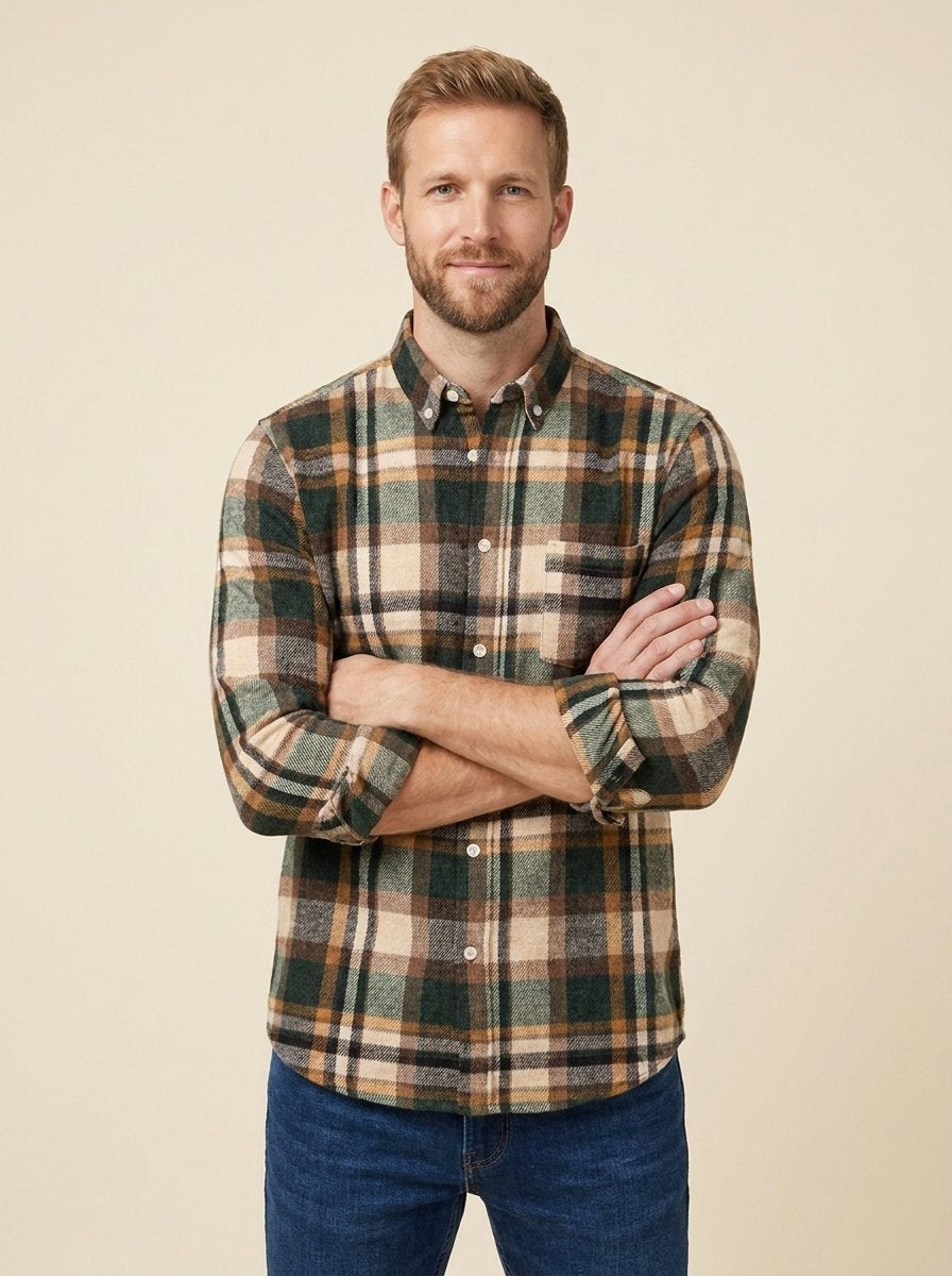 Harrison plaid flannel shirt olive and walnut on model
