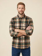 Harrison plaid flannel shirt olive and walnut on model