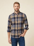 Harrison plaid flannel shirt sand and navy on model