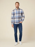 Harrison plaid flannel shirt sky and cocoa on model
