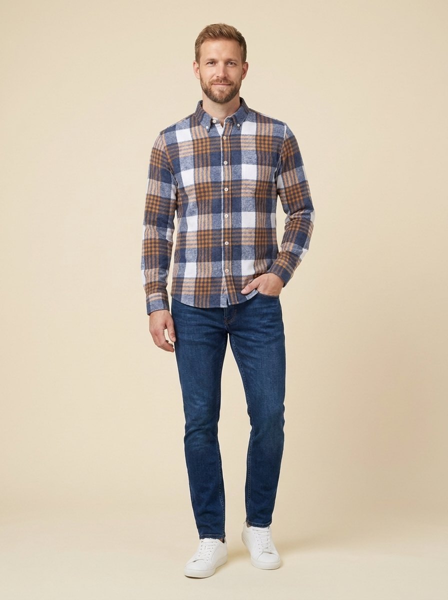 Harrison plaid flannel shirt steel and amber on model