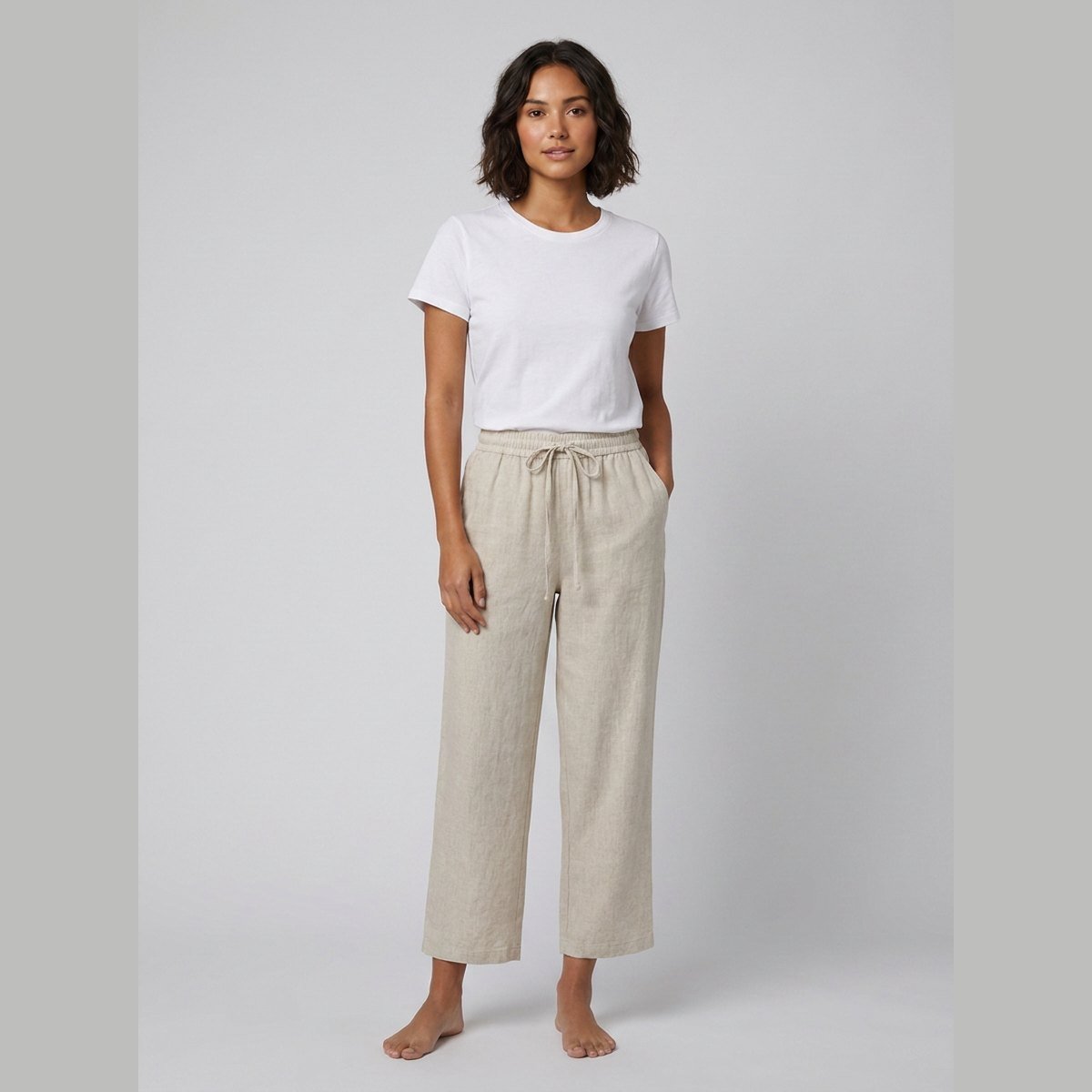 Haru wide-leg cropped linen trousers in oatmeal khaki